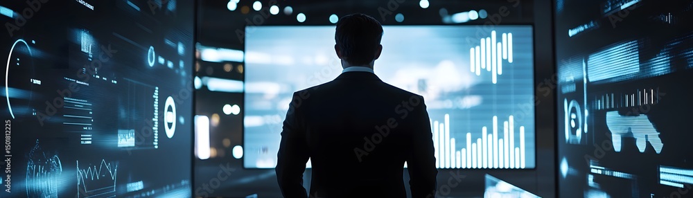 Poster a business professional stands in front of large screens displaying financial graphs and data, symbo