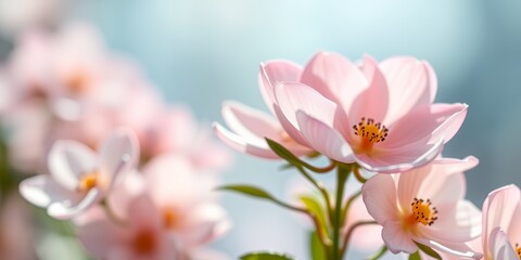 Obraz premium A close up of light pink flowers with yellow centers against a soft blue and white background