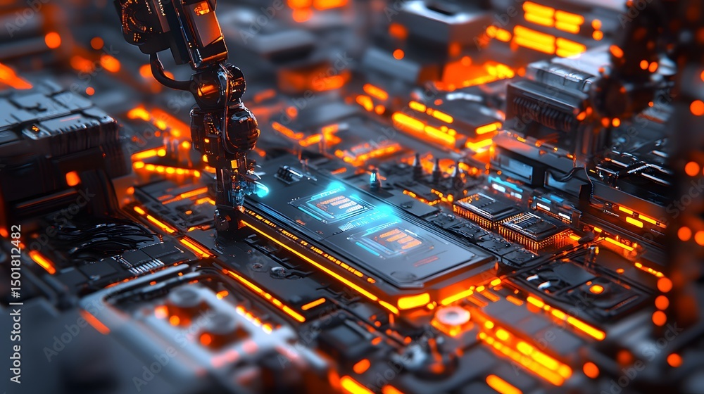 Aufkleber a close-up view of a futuristic circuit board illuminated with vibrant orange lights, showcasing int