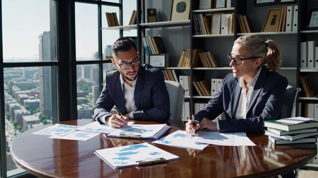 Business professionals review documents together in highrise office during the daytime