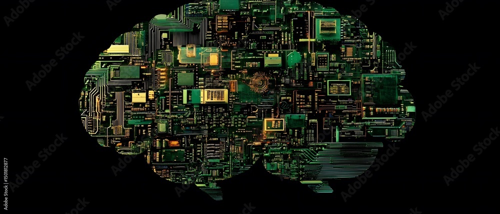 Poster a digital representation of a brain merged with circuit boards, symbolizing the intersection of tech