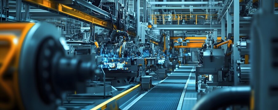A detailed view of a modern manufacturing facility, showcasing advanced machinery and robotic systems working in harmony. This image captures the essence of industrial automation.