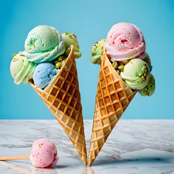 Plane pastel pink background. Wafel cone with two scoops of ice cream. Icream of mint and yellow color