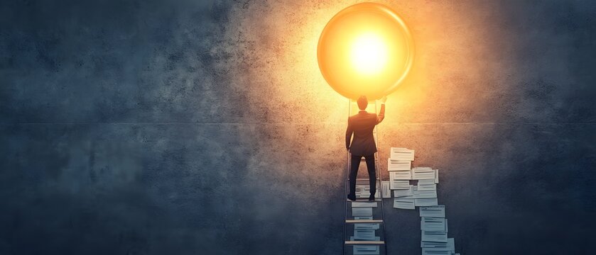 A determined individual stands atop a stack of documents, reaching towards a glowing orb of opportunity
