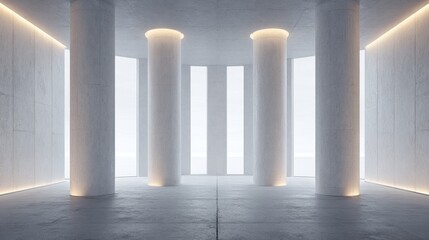 Minimalist interior with concrete columns and soft light, embodying serene geometric harmony
