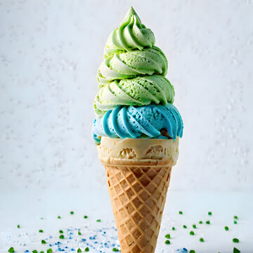 Plane pastel pink background. Wafel cone with two scoops of ice cream. Icream of mint and yellow color