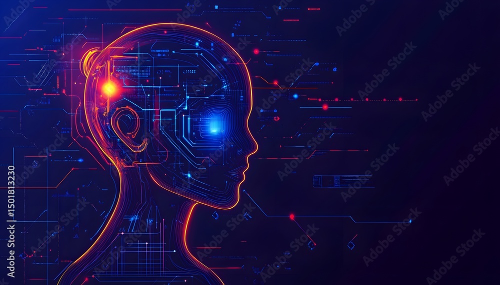 Poster a futuristic depiction of a humanoid robot illuminated with blue and red lights, surrounded by digit