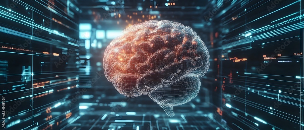 Poster a futuristic digital representation of a human brain, surrounded by glowing data streams and neural 