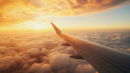 Beautiful sunset view from airplane wing over soft clouds during flight at dusk