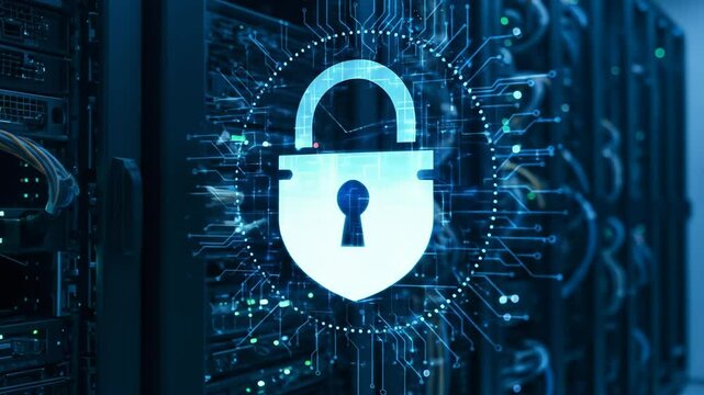 Cybersecurity concept with digital lock icon over server room background