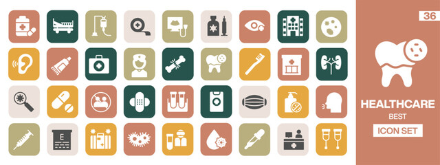 Comprehensive set of 36 healthcare icons, illustrating medical treatment, hospital services, and health related concepts, ideal for medical presentations and wellness designs