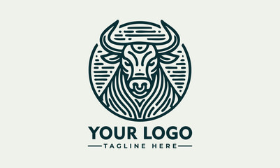 Stylized bull head illustrated in profile within a circular emblem for strength and power symbolism. Animal concept

