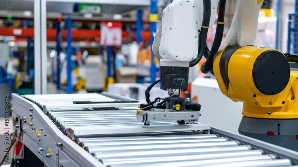 Poster automated robotic arm assembly line manufacturing precision placement and efficiency