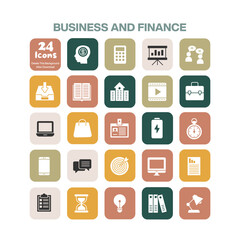 A comprehensive collection of 24 flat design business and finance icons perfect for presentations reports and modern digital projects representing various aspects of economy and corporate activity