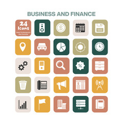 A comprehensive collection of 24 flat design business and finance icons perfect for presentations reports and modern digital projects representing various aspects of economy and corporate activity