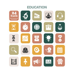 A comprehensive collection of 24 flat design education icons covering various aspects of learning schooling and academic subjects ideal for digital and print media projects