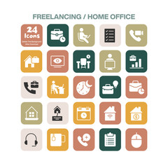 A versatile set of 24 flat design icons representing freelancing and home office concepts including remote work productivity tools and personal workspace elements for digital use