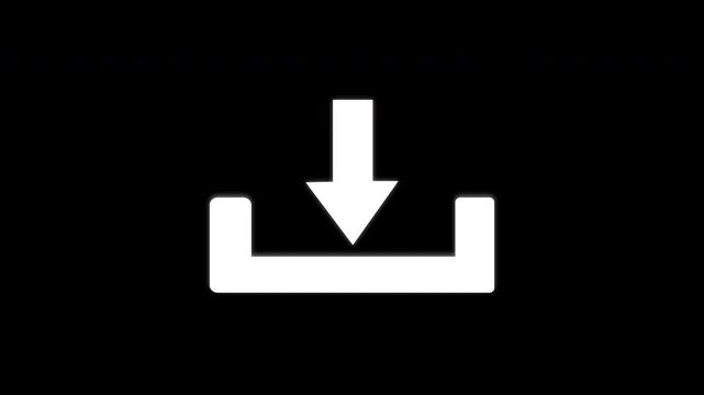 Animated download icon on a black background. A white arrow pointing downward blinks repeatedly into a tray, symbolizing an active download process or pending file transfer status.