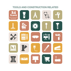 A robust collection of 24 flat design icons for tools and construction related themes including equipment building materials and various handyman implements for diverse projects