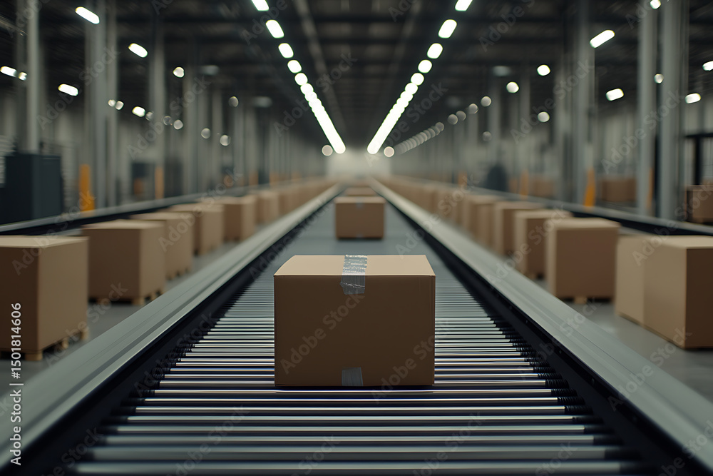 Poster boxes on a conveyor belt within a large warehouse. automated transport. efficiency and logistics.