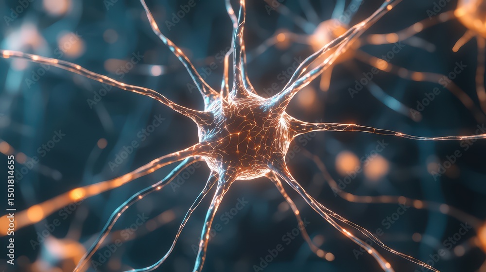 Poster detailed close-up view of a neuron with glowing synapses in a dark background
