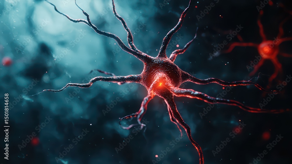 Poster close-up view of a neuron with bright red synapses on a dark background in a scientific illustration