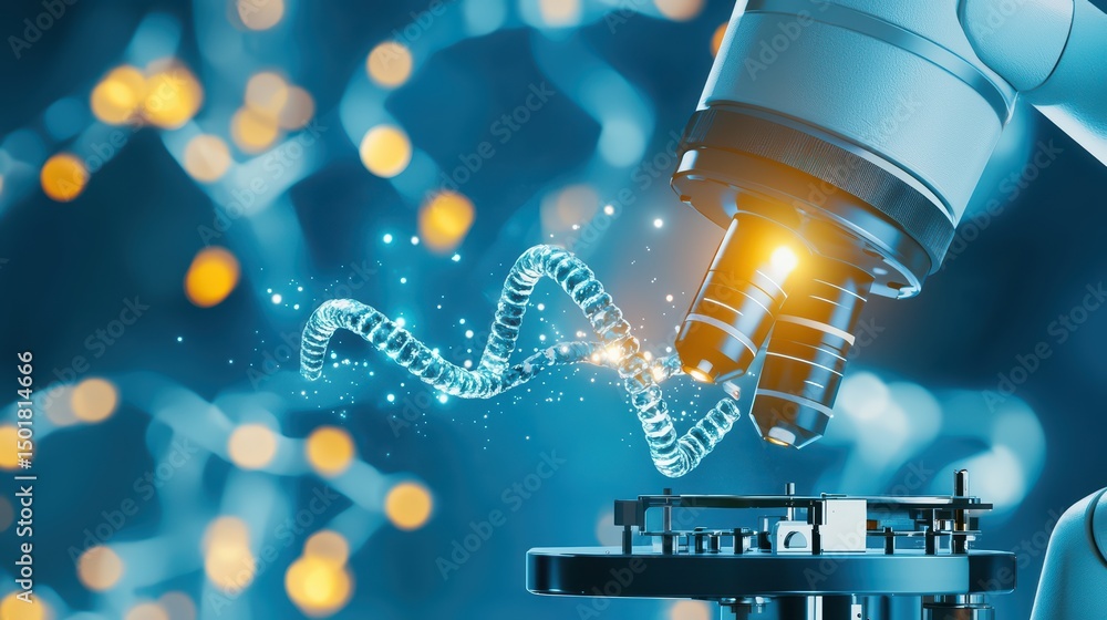 Poster close-up of advanced microscope examining dna strand with digital light effects and abstract backgro