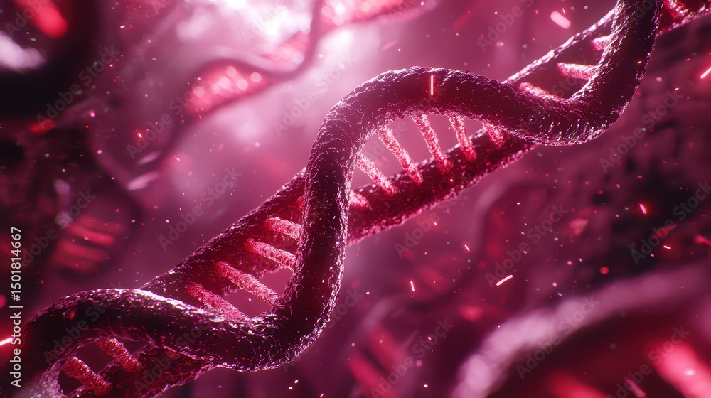 Aufkleber abstract representation of dna helix in a vibrant red environment with light particles