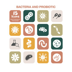 A specialized set of 15 flat design icons illustrating bacteria and probiotic concepts showcasing microorganisms gut health and related biological elements for medical content