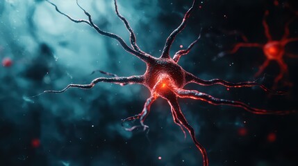 Close-up view of a neuron with bright red synapses on a dark background in a scientific illustration