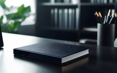 A sleek black notebook rests on a desk surrounded by stationary, symbolizing productivity.