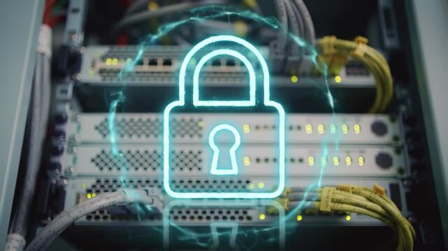 Cybersecurity concept with digital lock icon over server room background