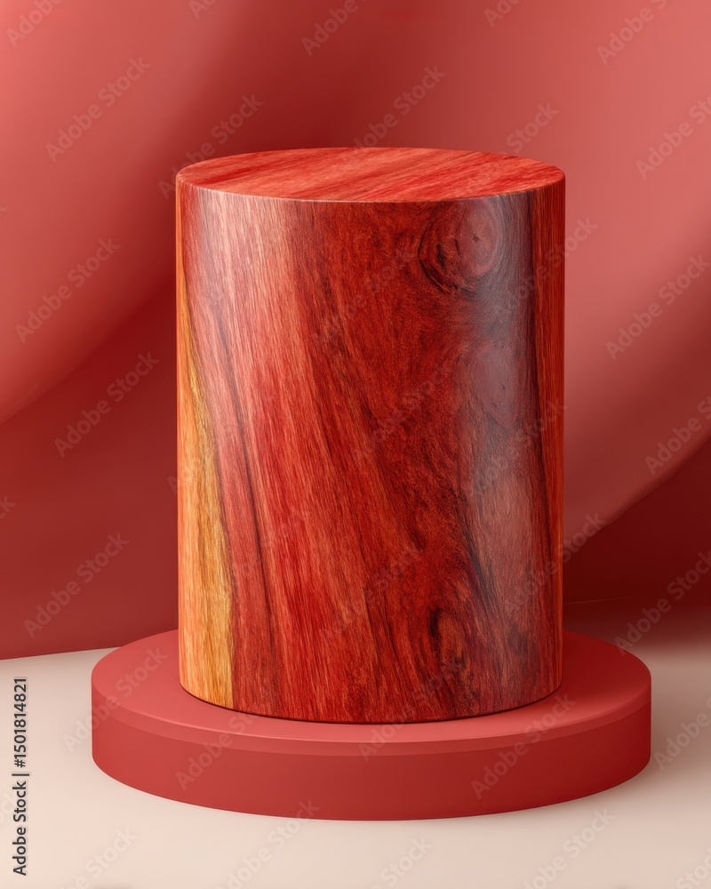 Poster wood cylinder pedestal on red platform studio shot for product display backdrop minimal style with s