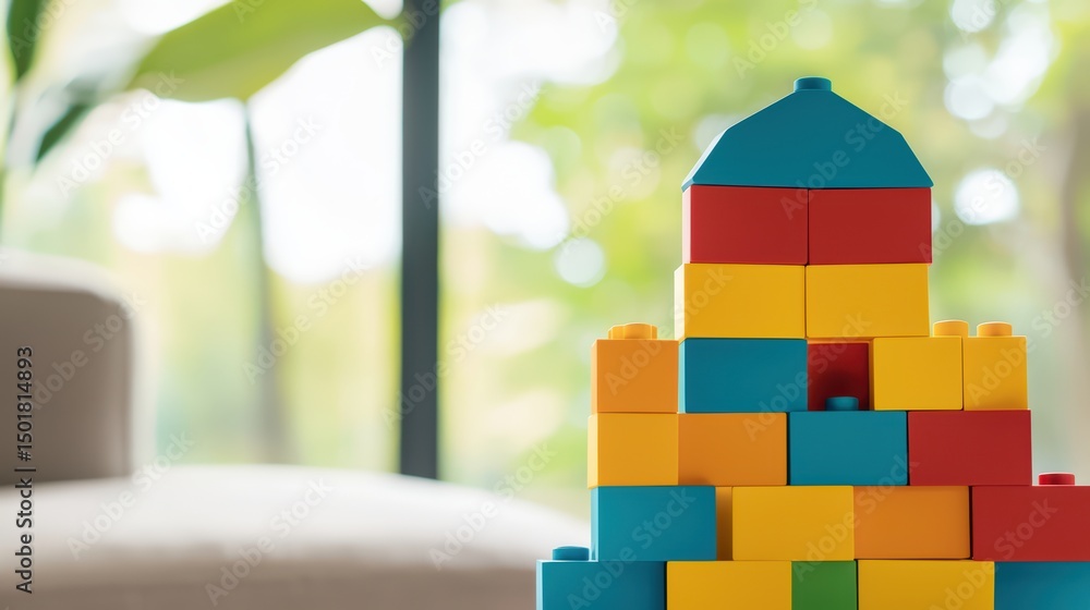 Poster colorful building blocks stacked in creative design with natural light and soft background in modern