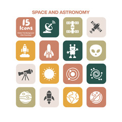 A vibrant collection of space and astronomy icons depicting rockets, satellites, planets, galaxies, and celestial wonders for educational and scientific projects