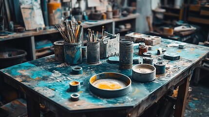 Painter's workstation filled with creative tools and paint residue on a stained table