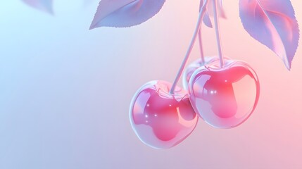 Fototapeta premium A vibrant depiction of glossy cherries hanging delicately from their branch. The soft pastel background enhances the fruit's freshness and allure, perfect for food-related designs.