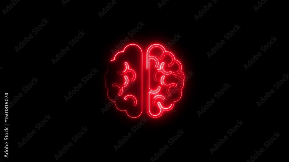 Poster illuminated red neon brain symbol on a black background representing intelligence and innovation