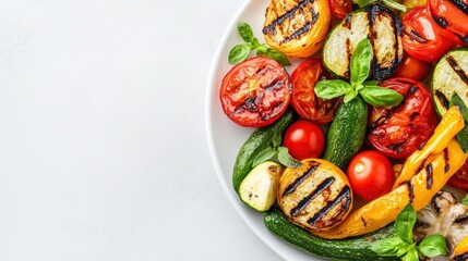 Colorful grilled vegetables with basil on a white plate ready for a healthy meal presentation