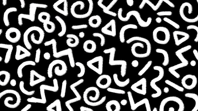 Monochromatic animation of white grunge brush doodle lines and shapes on black background. Low frame rate effect. Seamless loop.