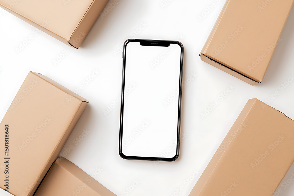 Poster shipping concept with phone and boxes. flat lay image of a device on a white surface surrounded by p