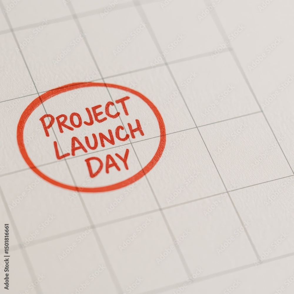 Aufkleber calendar marking for project launch day with bold red text on white background