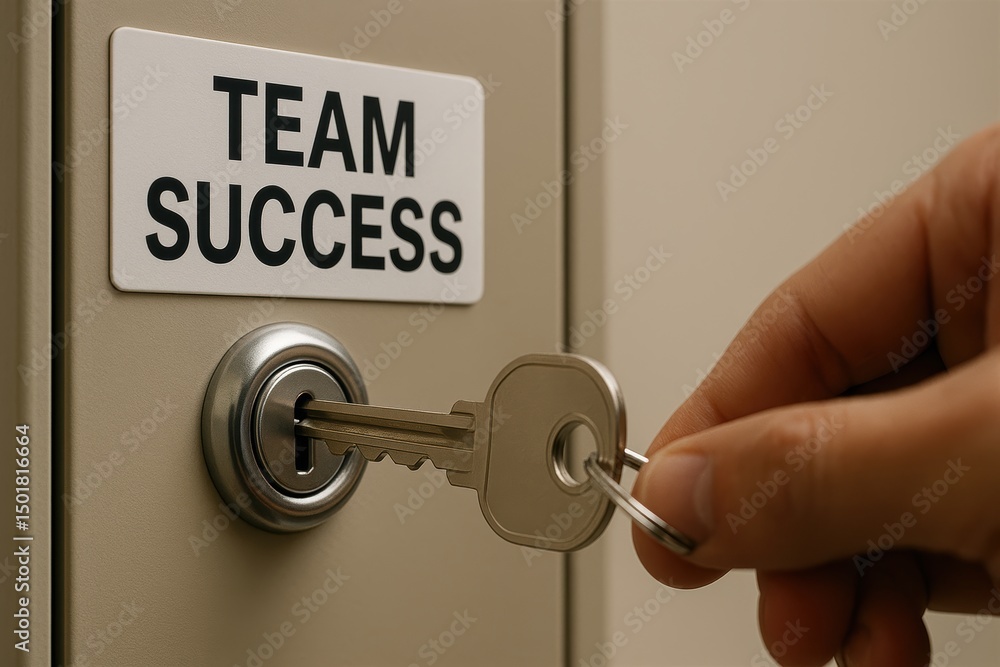 Poster hand inserting key into lock representing concept of team success and collaboration in business