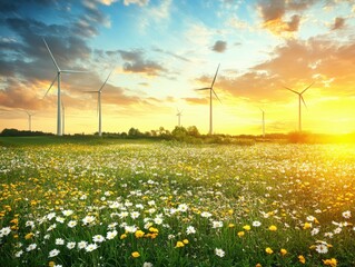 Wind turbines in flower field at sunset aerial view of alternative energy landscape with renewable power generation