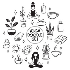 Collection of yoga, relax, meditation doodles illustrating poses and symbols for wellness enthusiasts