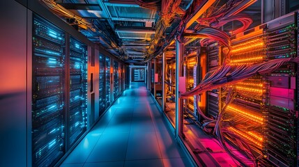 Fototapeta premium A vibrant server room filled with colorful cables and illuminated servers.