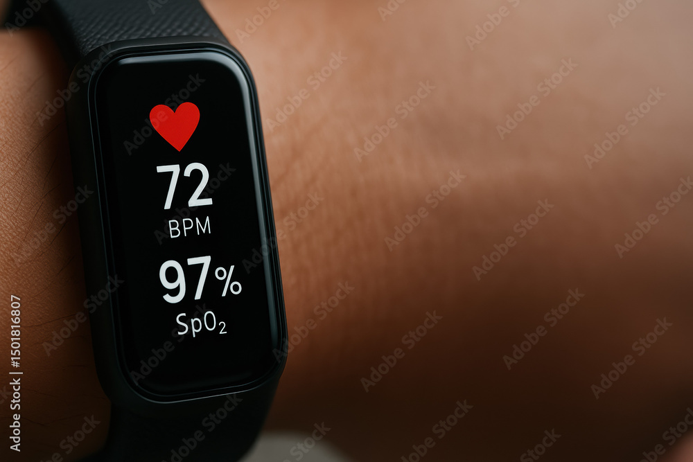 Poster smart fitness tracker on wrist displaying heart rate and oxygen levels in close-up view