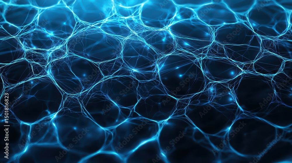 Poster abstract technology background with glowing blue lines and interconnected nodes on a dark surface