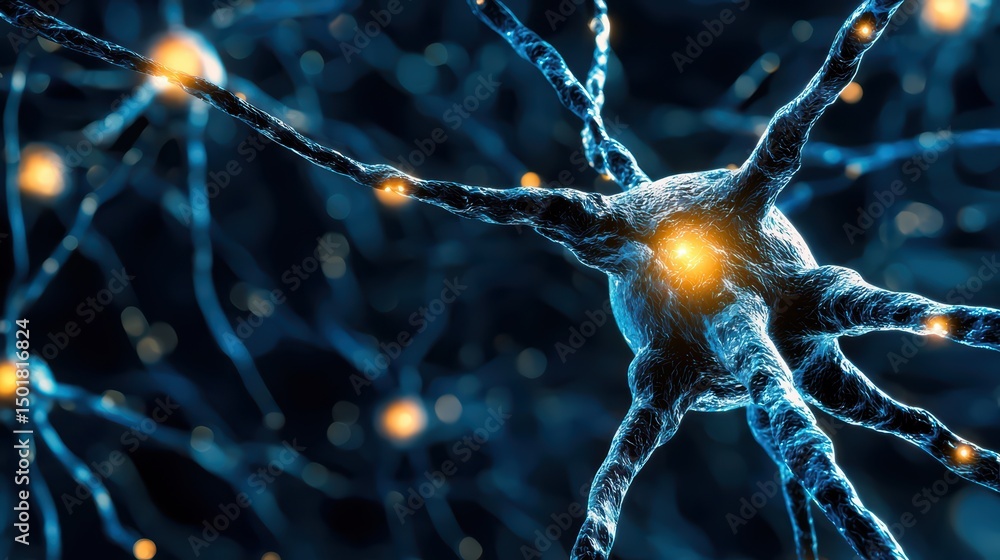 Poster close-up view of neuron network with bright synapses glowing in blue background for scientific and m