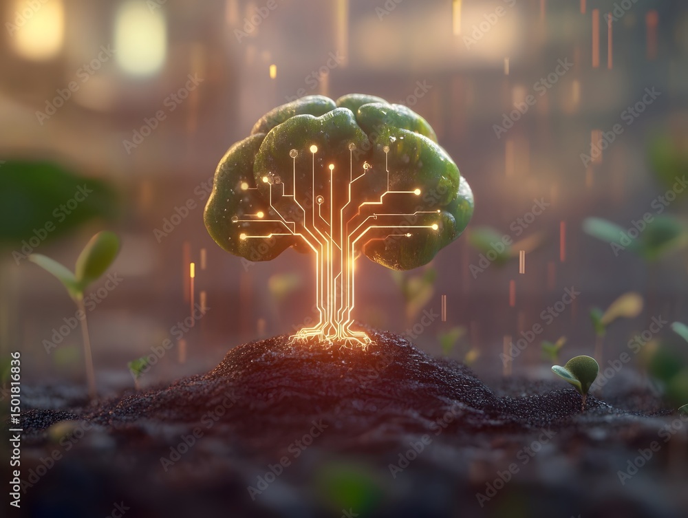 Poster a visually striking depiction of a tree integrated with digital circuits, symbolizing the fusion of 
